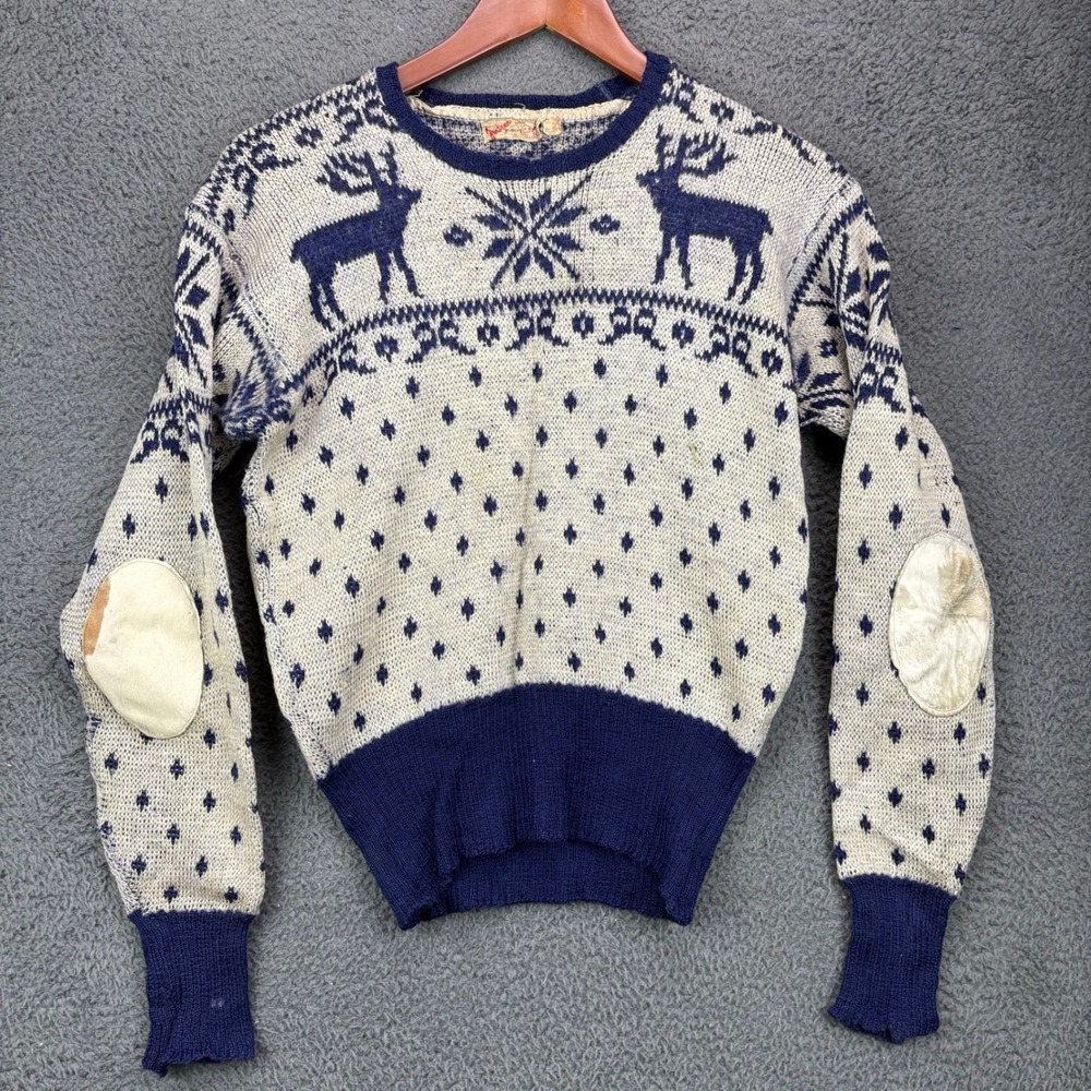 Vintage Jantzen Wool Sweater Womens 20 Blue White Reindeer Nordic Elbow Patches